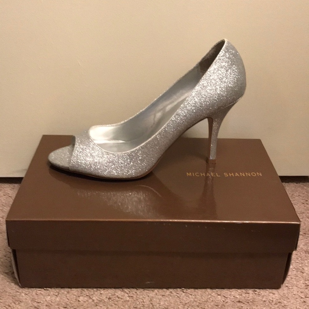 Michael Shannon Sparkling Silver Open-Toe Heels - image 3